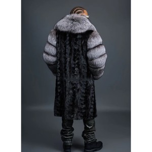 Fur Sleeves Collar Trimmed Unisex Outerwear Men Real Mink Fur Trench Coat with Real <b>Silver</b> Fox Fur Shawl Collar - Product Image 1