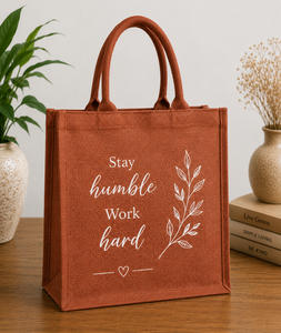 Jute Tote <b>Bag</b> Stay Humble <b>Work</b> Hard Print Orange Medium Size Daily Shopping <b>Bag</b> with Handle - Product Image 3