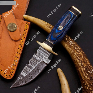 Best Selling Handmade Damascus Steel Drop Point Skinner Knife Blue Black Pakka Wood Handle Brass Guard Razor Sharp Fixed DIY - Product Image 4