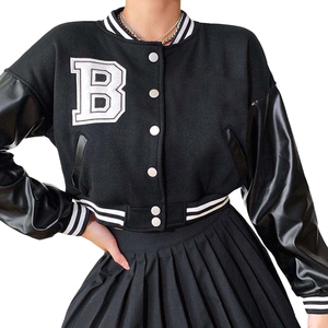 Chaqueta Varsity de Béisbol de Estilo Sencillo y Moderno para Mujer, Fabricante Mayorista, Chaqueta Corta Personalizada de Cuero Genuino y Lana - Product Image 2