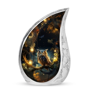 Urna Funeraria Wise Owl en Forma de Lágrima, Plateada y Pulida, con Arte Mágico de Bosque Luminoso para Cenizas Conmemorativas - Product Image 1