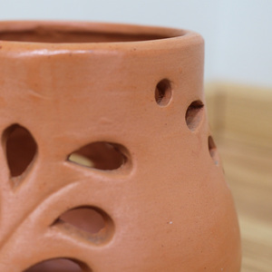 Terracotta Flower <b>Pot</b> with Leaf Cutouts Vintage Wabi-Sabi Customized Rustic Style Indoor Plant Planter Desktop Use - Product Image 2