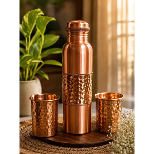 Rich Copper Water Bottle with Two Glass Hammered Design For Hydration Yoga & Ayurveda Inspired Drinkware Bottle With Packaging - Product Image 5