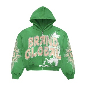 Y2K <b>Aesthetic</b> Distressed Fleece Customized Color Embroidered Zipper-Up Heavyweight Oversized Acid Wash Hip Hop Rhinestone USA - Product Image 5