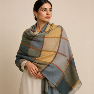 Écharpe pour femmes en laine et soie à carreaux, longue, luxueuse, respirante, légère, toutes saisons - Product Image 1