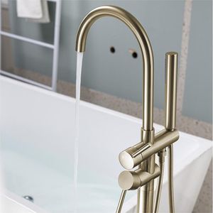 Miscelatore per vasca da bagno a pavimento in oro spazzolato ad alta portata con doccetta, rubinetteria moderna per vasca e doccia - Product Image 4