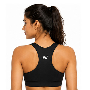 OEM Women Seamless Sports Bra Scoop Neck Racerback Zipper Front Medium Support Breathable Fitness Workout Wear Solid Black - Product Image 2
