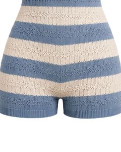 <b>Stone</b> Blue And Ivory Striped Knit Romper Women Short Sleeve Polo Collar Summer Casual One Piece Playsuit Slim Fit Custom Design - Product Image 6