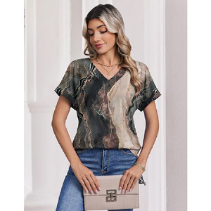 Blusa de Verano Casual Elegante para Mujer con Estampado de Mármol y Gráficos de Vetas Doradas, Cuello en V y Manga Corta, Venta al por Mayor - Product Image 3