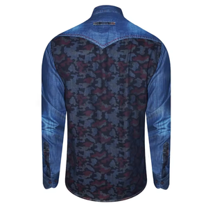 Chemise en jean pour homme à motif indigo, 100% coton, manches longues, imprimé, poche poitrine, style streetwear - Product Image 2