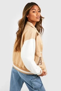 <b>White</b> Varsity <b>Jacket</b> With Black Sleeves Embroidered Letter A Preppy Style Button Closure Regular Length Autumn Wear - Product Image 4