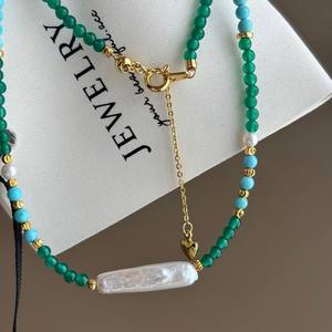 Luxurious High-End Green Agate Natural Freshwater Baroque Silver Bar Pearl <b>Necklace</b> for Women's Summer <b>Fashion</b> <b>Layered</b> <b>Necklaces</b> - Product Image 2