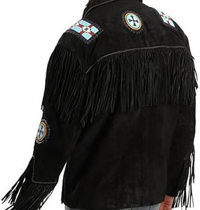 Chaqueta de cuero genuino negra al por mayor para hombre, estilo vaquero occidental con flecos y cuentas, abrigo con borlas hecho a mano - Product Image 5