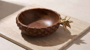 Walnut Finished <b>Mango</b> <b>Wood</b> Serving <b>Bowl</b> Pineapple Shaped Salad <b>Bowl</b> with Polished Metallic Crown Handle - Product Image 4