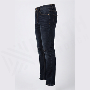 Jean en denim déchiré coupe slim délavé foncé pour homme, taille haute, jambe droite, en coton, style automne - Product Image 3