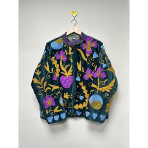 Chaqueta Bohemia de Terciopelo Verde Azulado con Bordado Floral, Cuello Alto, Manga Larga, Ropa de Abrigo Otoñal para Mujer - Product Image 4