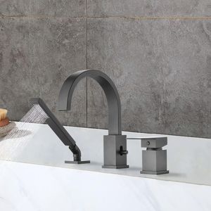 Set rubinetto vasca idromassaggio a 3 fori con doccetta e soffione a cascata, montaggio su piano, per bagno e doccia - Product Image 6