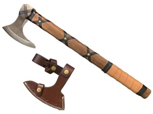 Hacha Tomahawk de BA Enterprises con mango de madera, funda de cuero, cabeza con diseño de barba, hoja de acero al carbono con 4 filos, herramienta de tala de árboles de grado DIY - Product Image 2