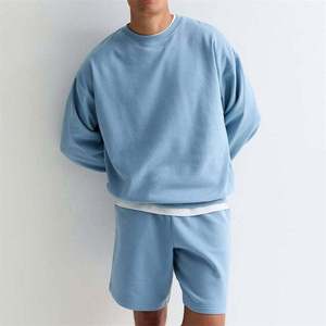 Conjunto de Sudadera y Pantalones Cortos para Hombre, Cuello Alto, Color Sólido, Talla Grande, Corte Regular, Informal, Jersey de Poliéster/Algodón, Manga Larga, Azul Claro - Product Image 3