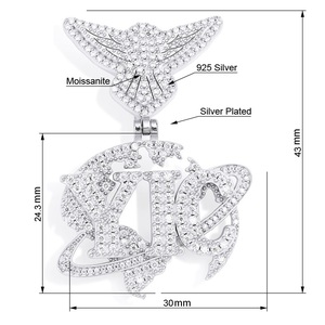 Mens Lab--Grown Diamond 925 <b>Silver</b> Angel Wing <b>Initial</b> Pendant <b>Necklace</b> Luxury Iced Out Chain - Product Image 5