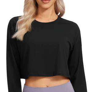 Women's Black <b>Crop</b> <b>Top</b> Long Sleeve O-Neck Solid Color Knitted Breathable Casual T-Shirt - Product Image 3