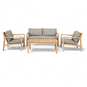 Solid Wood Garden Sofa Set with Teak Timber Frame Quick Dry Foam <b>Cushions</b> <b>Rectangular</b> Coffee Table and Lounge Chairs - Product Image 2