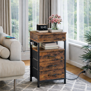 ELVROGEST SA Industrial Nightstand with Wireless Charging Station, 3 Drawers, USB Ports, Rustic Wood <b>Bedside</b> <b>Table</b> Storage - Product Image 5