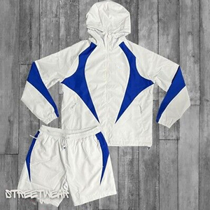 Custom Two Piece Windbreaker Short Jacket Set Patchwork <b>Zip</b> Nylon Polyester Streetwear Tracksuit Men Knitted Embroidered - Product Image 3