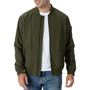 Men's Olive Green Bomber Jacket Zipper Closure Casual Windproof Stand Collar Regular Fit Autumn Wear - Product Image 1