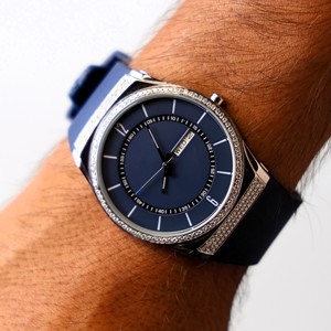 Blue Dial Quartz Luxury Fashion Stainless Steel <b>Watch</b> <b>Diamond</b> Inlaid Round Case Date Display Wristwatch for Business Gift - Product Image 4