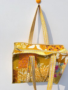 Sac fourre-tout matelassé en coton imprimé à la main, motif floral, style bohème, décontracté, avec fermeture éclair, pour la plage et les voyages, pour femmes - Product Image 4