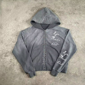 Custom Manufacturers Heavyweight Distressed <b>Zip</b> Hoodie Men Streetwear Printed Rhinestone 450 Gsm Vintage Acid Wash 100% Cotton - Product Image 3