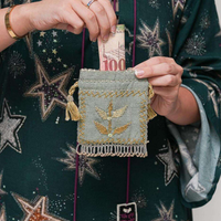 KOTAK DOMPET KAIN LINEN BUATAN TANGAN DENGAN HIASAN BUNGA, TALI SERUT, BORDRAN, Rumbai, MANIK-MANIK, UNTUK UANG KEMBALI/PERMEN, BERGAYA SENI INDIA YANG EKZOTIS