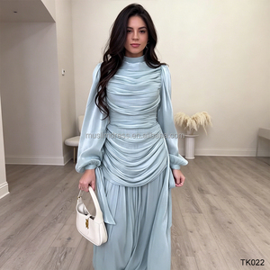 Light Blue Shimmer Chiffon Abaya Dress Modest Ruched Puff Sleeve Dubai Evening Gown Muslim <strong>Women</strong> <strong>Party</strong> <strong>Wear</strong> - Product Image 1