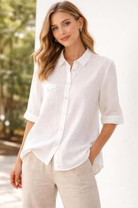 Chemise en lin blanc pour femme, chemisier à col avec poche poitrine, manches retroussées, coupe classique - Product Image 2