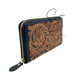 Cartera de cuero repujado con RFID, diseño floral, tipo clutch largo, con cremallera, para mujer - Product Image 4