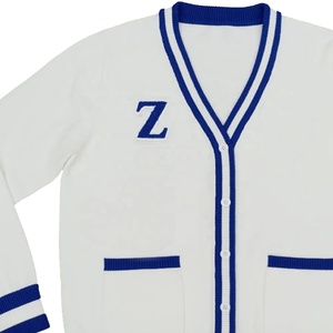 Cárdigan de punto blanco OEM con ribete azul y cuello en V con la letra Z, manga larga, estilo preppy para mujer. - Product Image 2