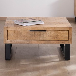 Table basse carrée Vandana Golden Contour 80 cm en bois de manguier avec pieds en métal Manoha avec grand tiroir - Product Image 2