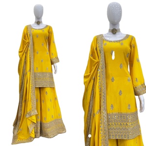 Traje Tradicional Salwar Kameez Pakistaní Indio para Bodas y Fiestas, Estilo Bollywood, Palazzo Festivo, 3 Piezas, Seda Chinon de Secado Rápido - Product Image 1