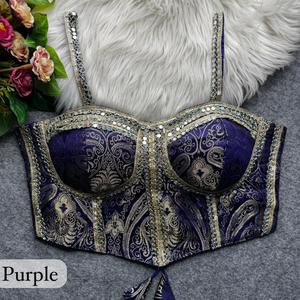 Purvang Global Purple Brocade Choli with Mirror Work Traditional <b>Indian</b> Wedding Blouse Women Cotton Crop <b>Top</b> Regular Fit - Product Image 1