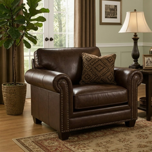 Sillón de Cuero Genuino de Lujo con Brazos Enrollados y Detalles de Tachuelas para Muebles de Sala de Estar, Sillón Decorativo de Cuero - Product Image 1