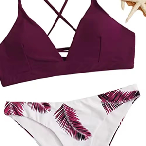 Conjunto de bikini con estampado tropical para mujer, traje de baño de dos piezas, traje de baño para playa, traje de baño para mujer, traje de baño bikini, color burdeos - Product Image 1