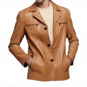 Men Brown Real <b>Leather</b> <b>Jacket</b> Lapel Collar Button Up Vintage Coat Casual Slim Fit Outerwear Custom Wholesale B2B <b>Leather</b> <b>Blazer</b> - Product Image 5
