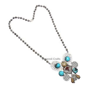 Collar con colgante largo hecho a mano de plata alemana Bohemia antigua hermosa fusión de piedras preciosas bodas fiestas compromisos joyería - Product Image 3