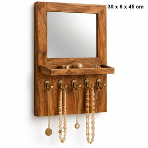 Aqdus Saleem MGC-050 Organizador de Joyas de Pared Moderno de Mediados de Siglo, de Madera de Mango, con Espejo y Ganchos de Acero Inoxidable, para Sala de Estar - Product Image 1
