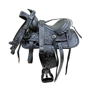 Selle de cheval Western en cuir noir, sculptée à la main avec motifs floraux, siège confortable et souple, arbre en plastique de 10 à 18 pouces avec kit de harnais LLT - Product Image 1