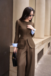 Blazer marron pour femme, col rond, un seul bouton, manches longues, polyester et élasthanne, anti-plis, pour le bureau, automne, LYDIA - Product Image 4