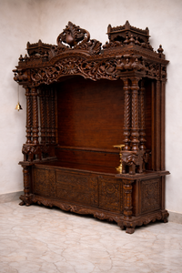 ห้องบูชาไม้ดีไซน์หรูหรา รูปแบบนกยูง สีน้ำตาล พร้อมลิ้นชักเก็บของ ห้องบูชาทำมือพร้อมเสาและระฆัง จากสหราชอาณาจักร - Product Image 2