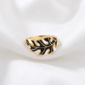 Leaf Designed Black Enameled Adjustable 18k Gold Plating Brass Statement Signet Ring Wedding Birthday Stylish Minimalist <b>Gift</b> - Product Image 1