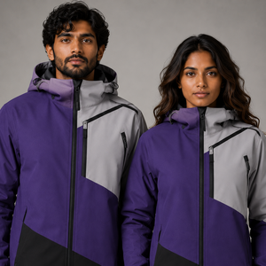 Combinaison de ski unisexe, couleurs violet, gris, noir, à blocs de couleur, avec capuche, fermeture éclair, imperméable, pour adulte - Product Image 5
